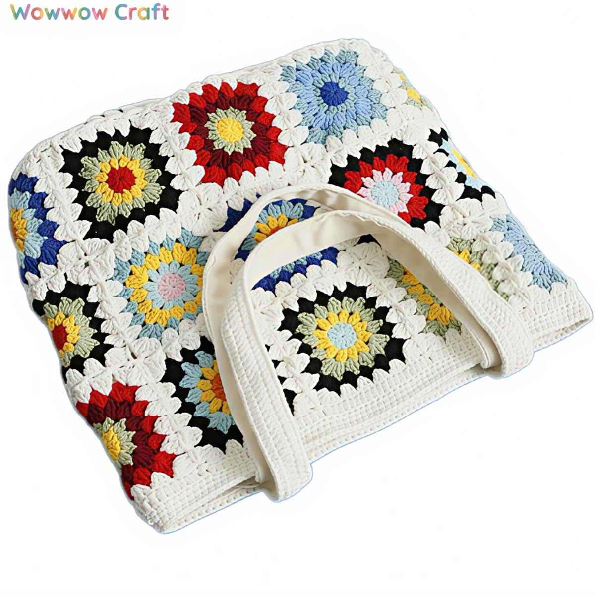 Shoulder Bags,Totes,Crochet Bags,White Mocha Color Granny Square Tote crocheted with Snow Fairy Yarn - Beautiful Hand-Crocheted Shoulder Bag